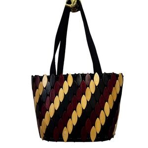 Unique Woven Wood Bead Handbag Multicolored Black Red Natural Bamboo Tote